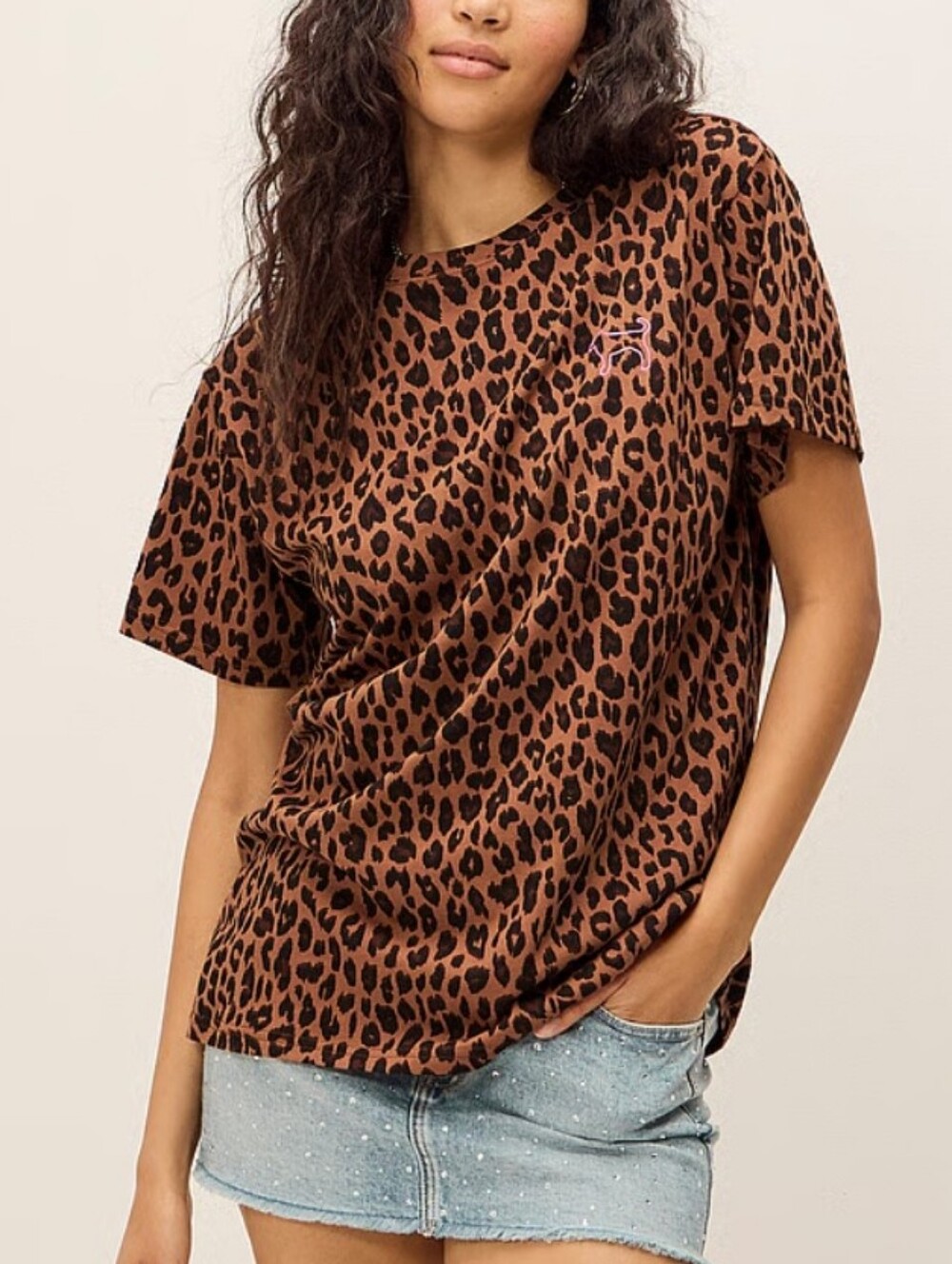 PINK Victoria's Secret LEOPARD PINK DOG Embroidered Logo Campus T Shirt NEW XXS